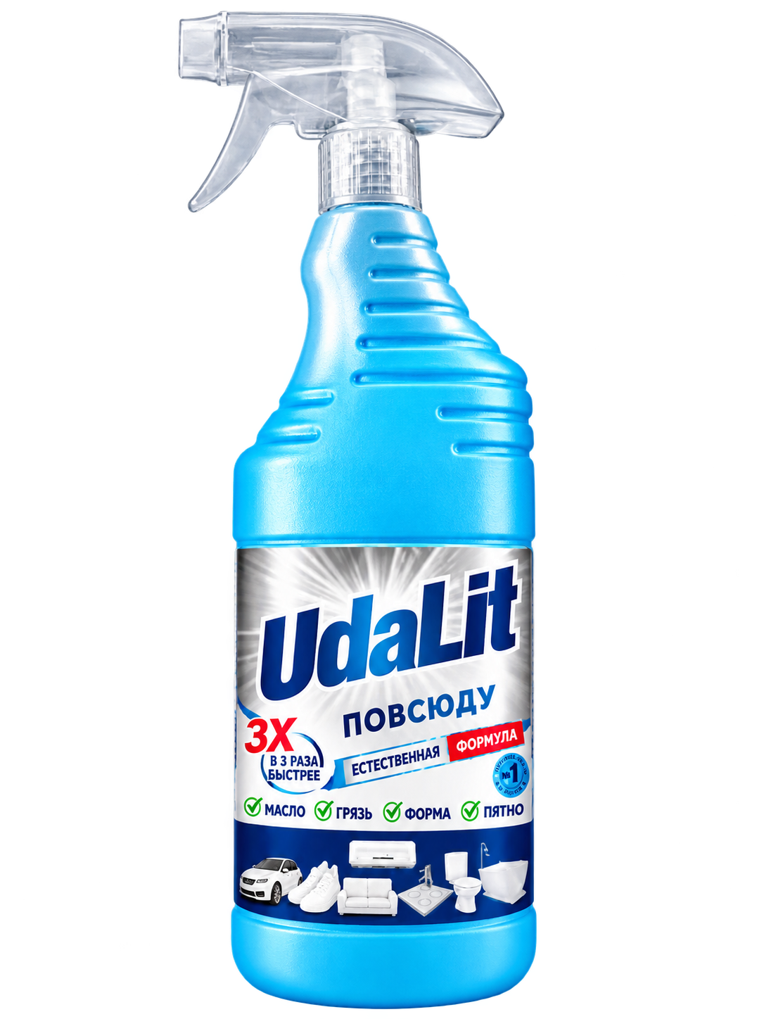 Оригинальная бутылка UdaLit с голубым средством и фирменной этикеткой, 1 литр