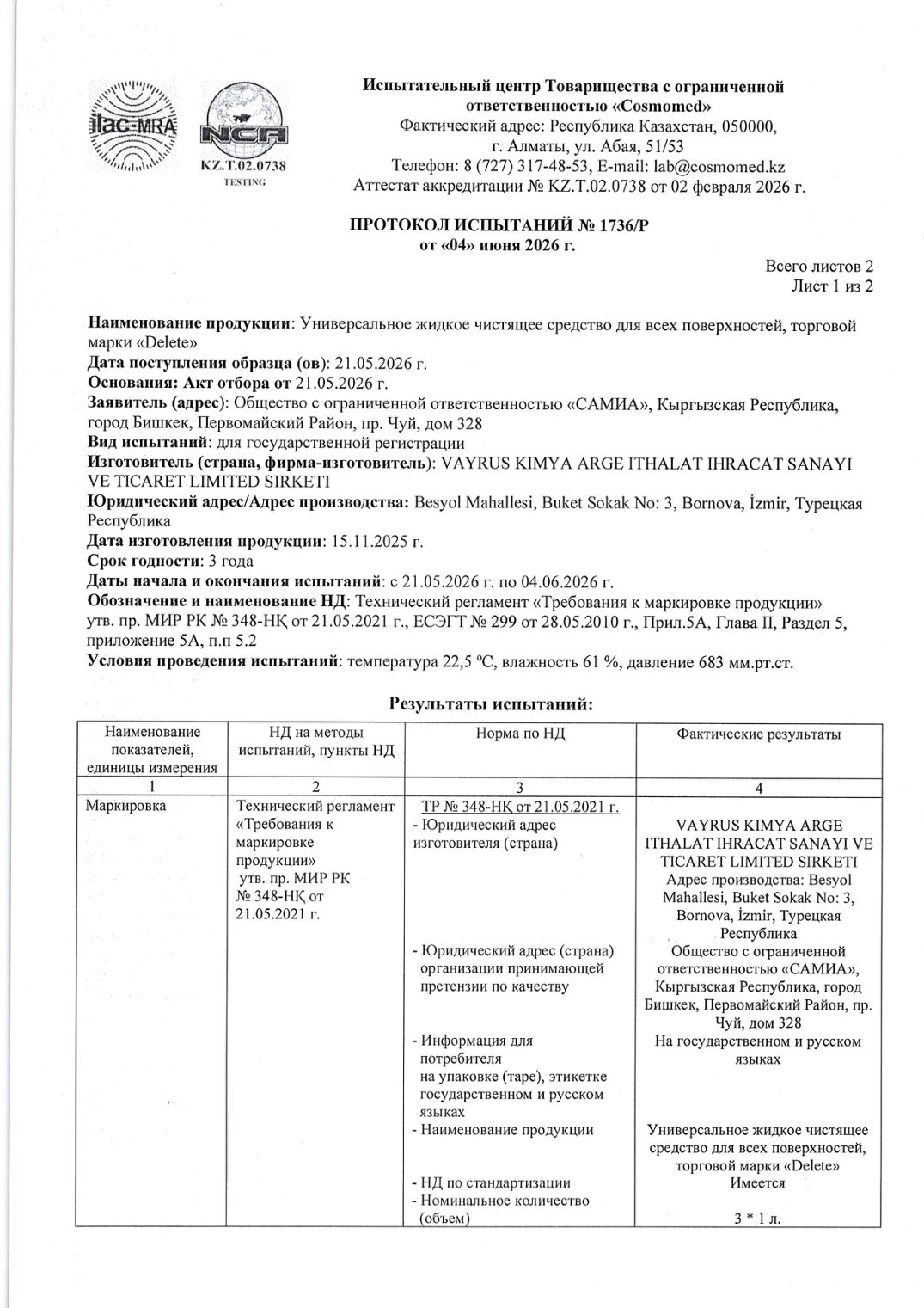 Протокол испытаний № 1736/Р